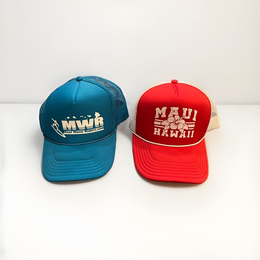 Lot of 2 MWR Maui Hawaii Red Blue SnapBack Mesh Hawaiian Mesh Trucker Hat Cap